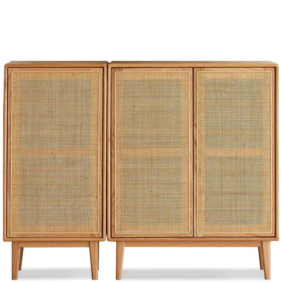 Scandinavian rattan oak wood shoe cabinet beri in white background.