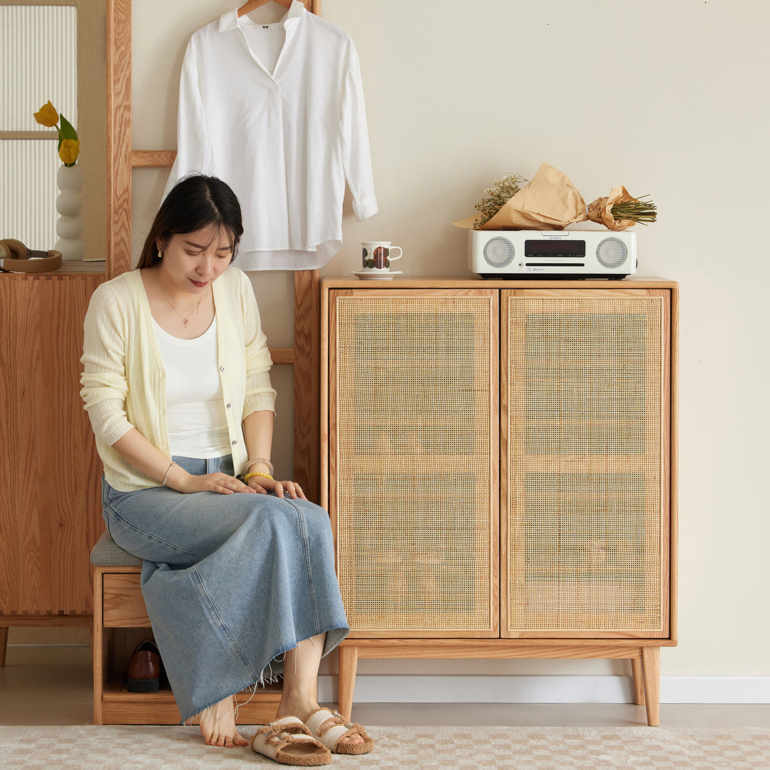 Scandinavian rattan oak wood shoe cabinet beri material variants.
