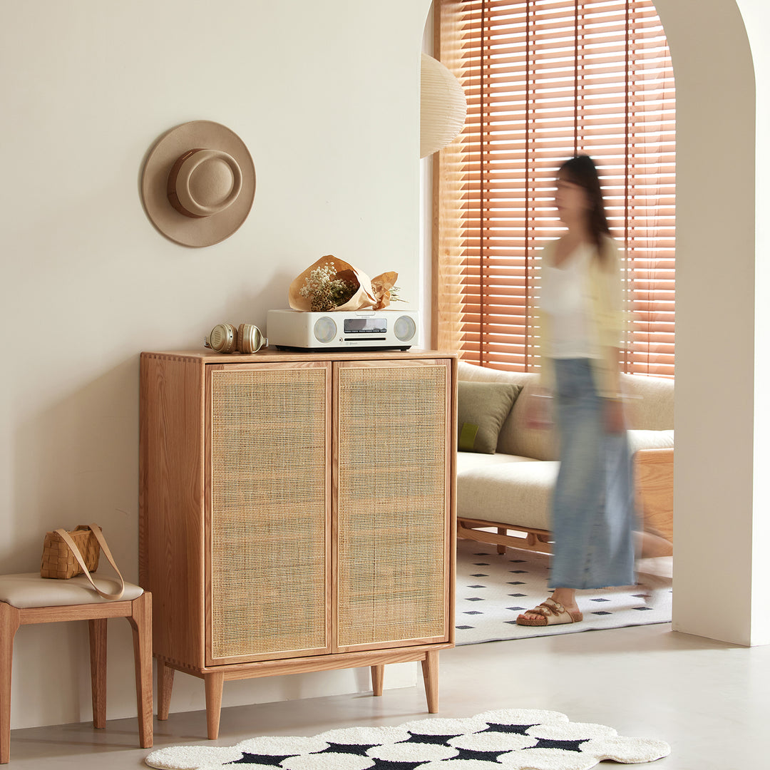 Scandinavian rattan oak wood shoe cabinet beri in real life style.