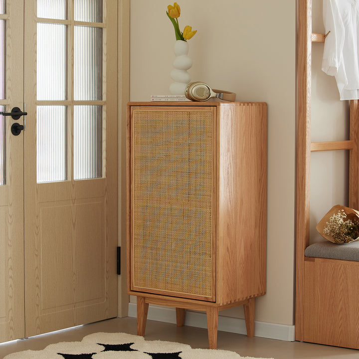 Scandinavian rattan oak wood shoe cabinet beri in panoramic view.