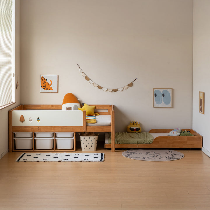 Scandinavian rubber wood kids bunk bed vireo in close up details.