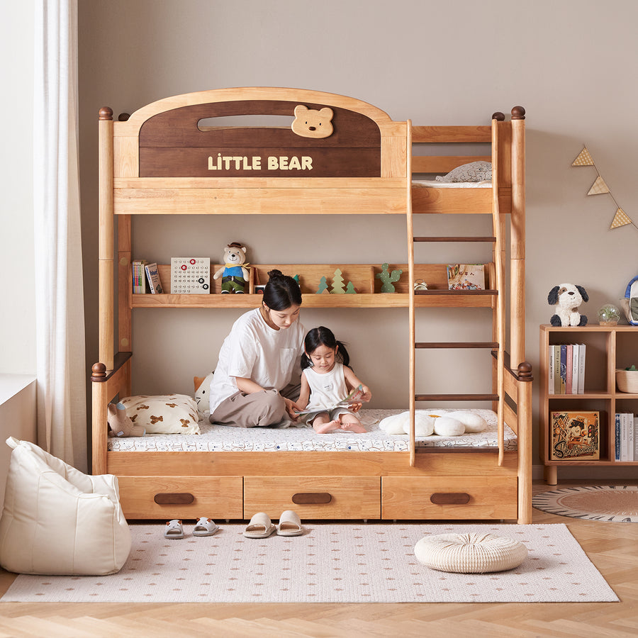 Scandinavian rubber wood kids bunk bed with bottom drawers and wall shelf little bear primary product view.