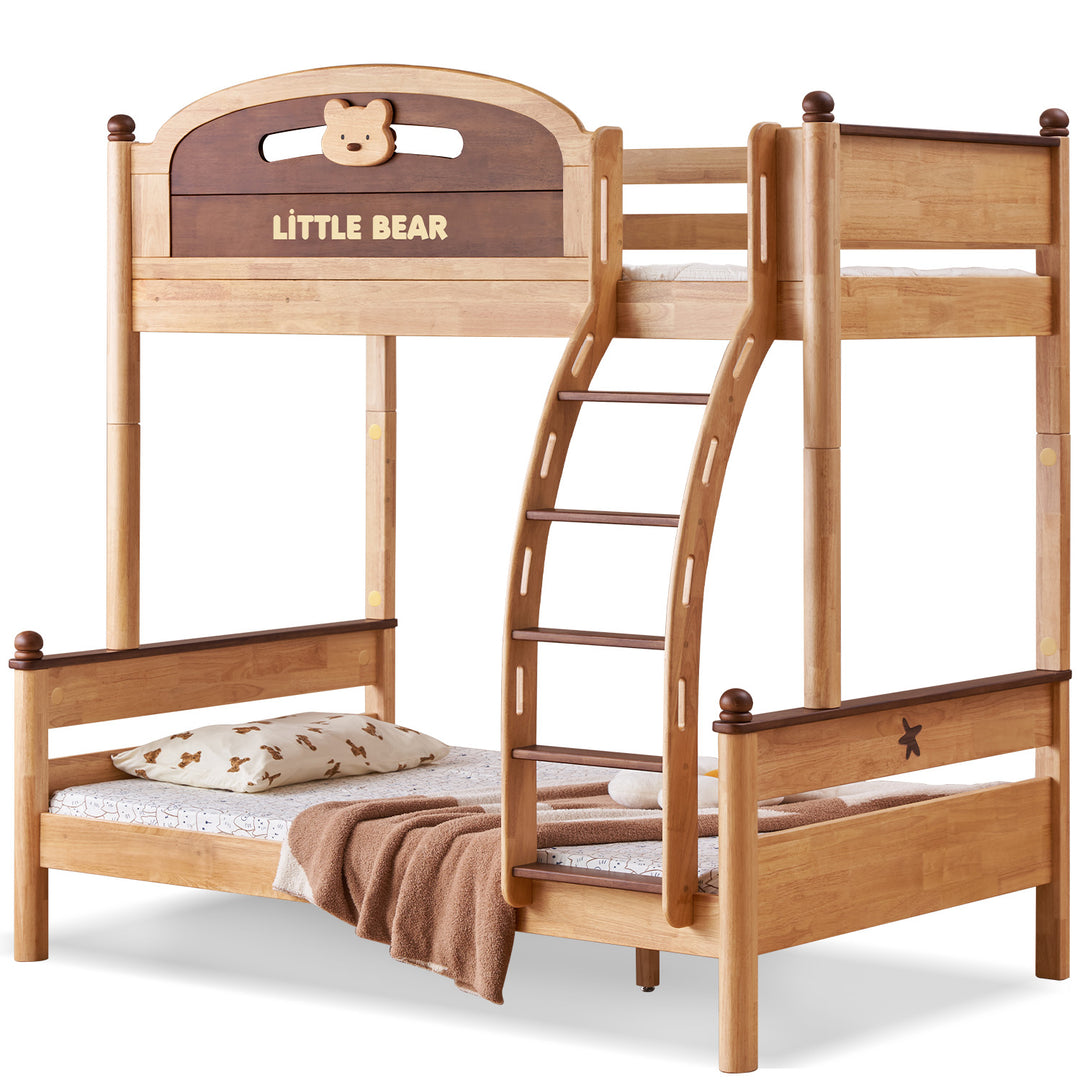 Scandinavian rubber wood kids bunk bed with bottom drawers and wall shelf little bear in still life.