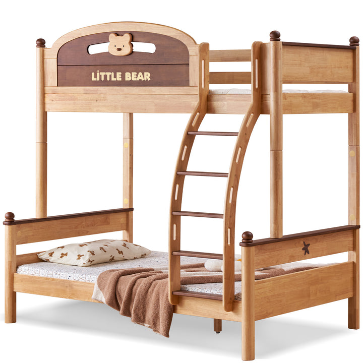 Scandinavian rubber wood kids bunk bed with bottom drawers and wall shelf little bear in still life.