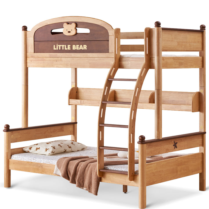 Scandinavian rubber wood kids bunk bed with bottom drawers and wall shelf little bear conceptual design.
