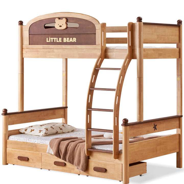 Scandinavian rubber wood kids bunk bed with bottom drawers and wall shelf little bear layered structure.