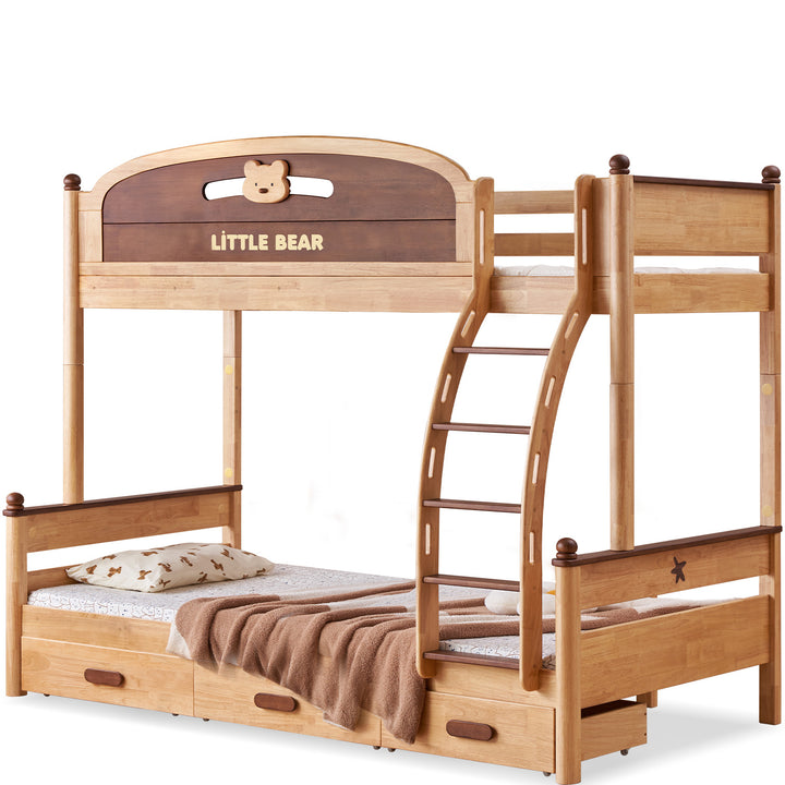 Scandinavian rubber wood kids bunk bed with bottom drawers and wall shelf little bear detail 1.