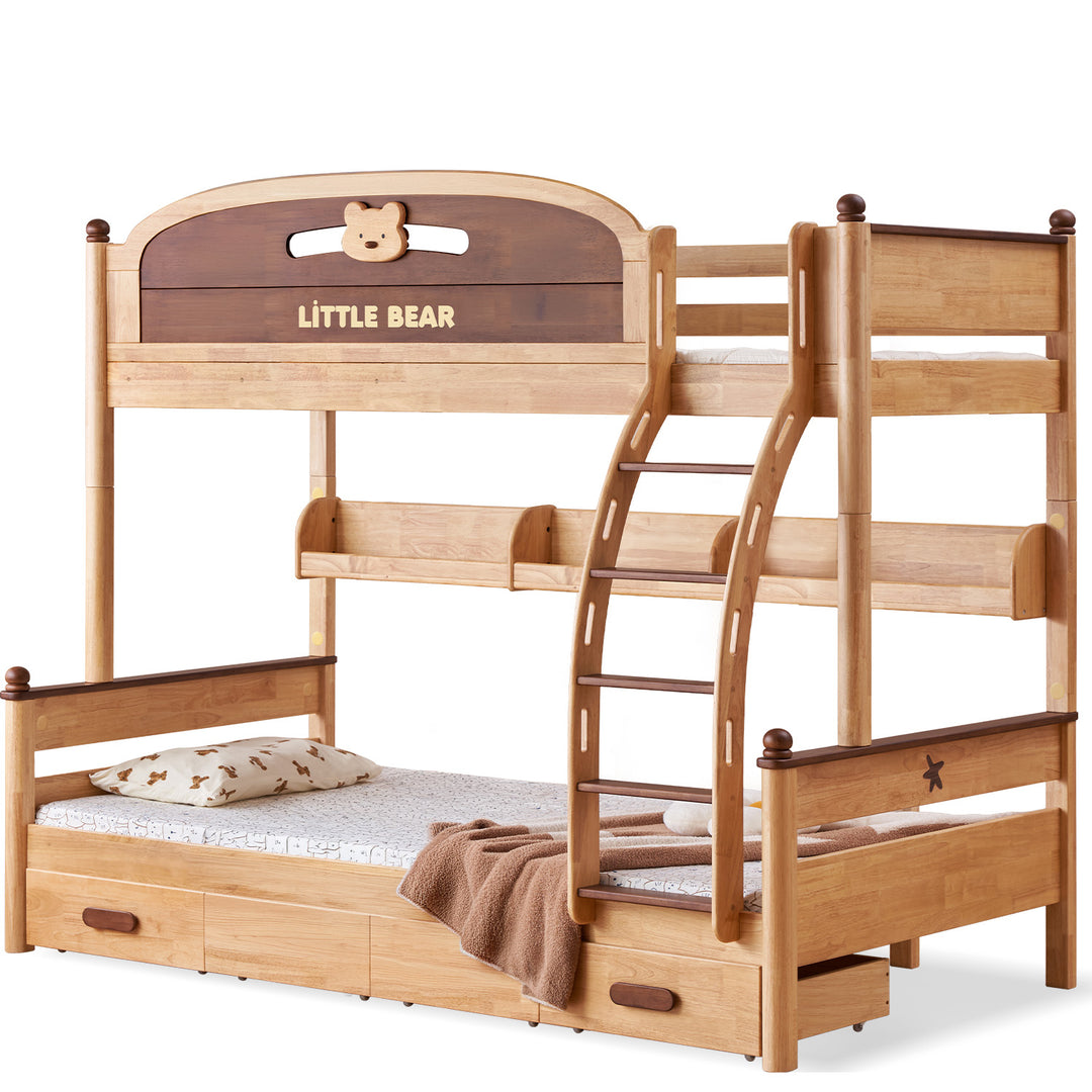 Scandinavian rubber wood kids bunk bed with bottom drawers and wall shelf little bear detail 2.