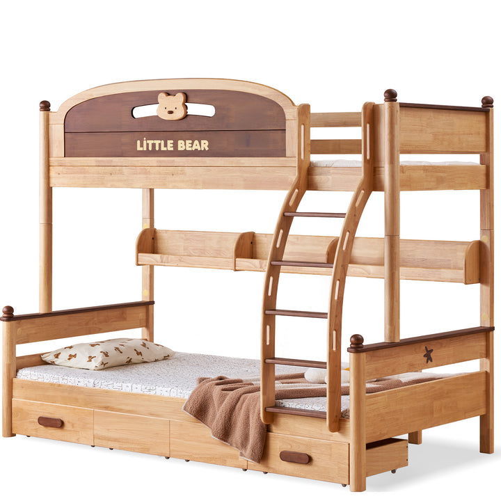 Scandinavian rubber wood kids bunk bed with bottom drawers and wall shelf little bear detail 2.