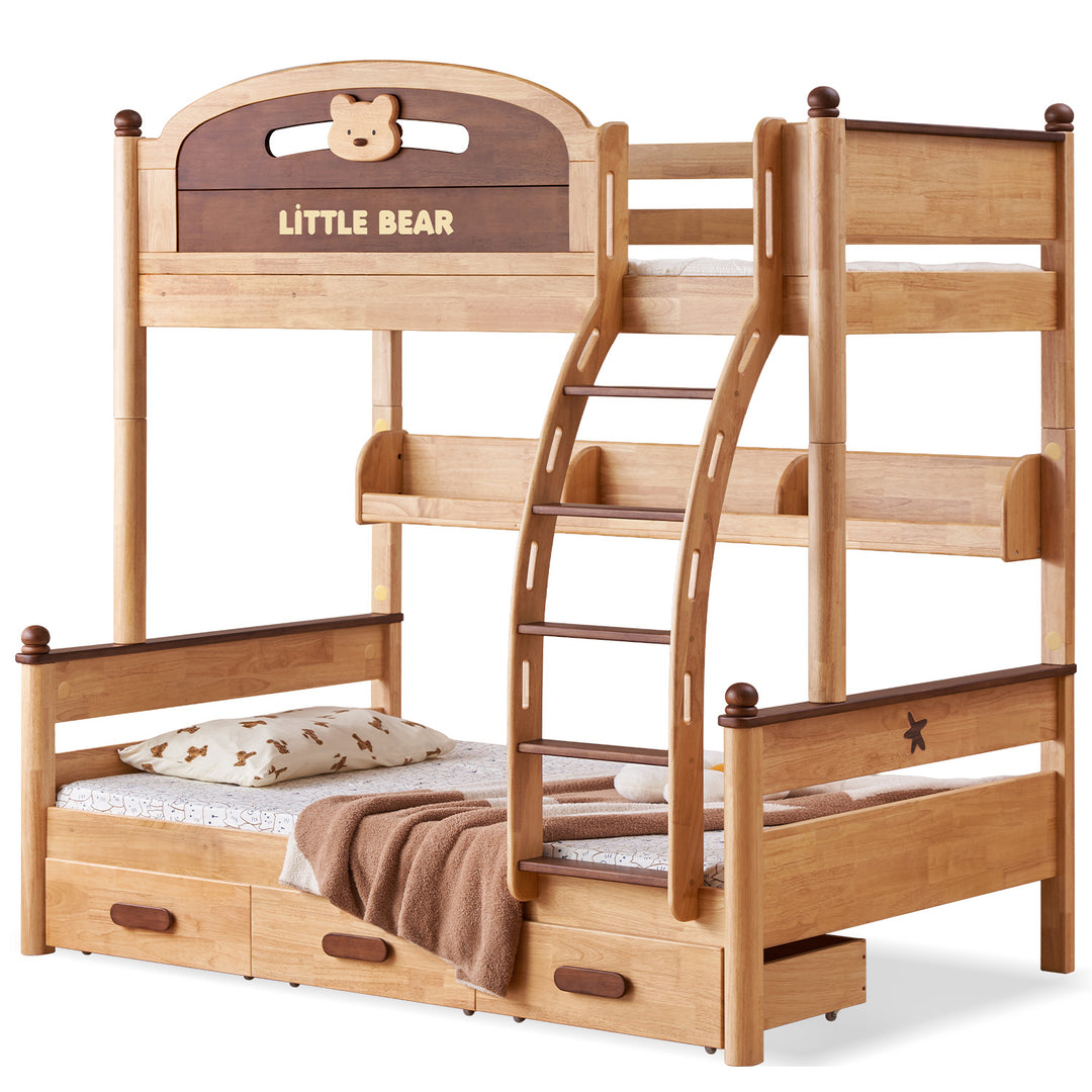 Scandinavian rubber wood kids bunk bed with bottom drawers and wall shelf little bear in white background.