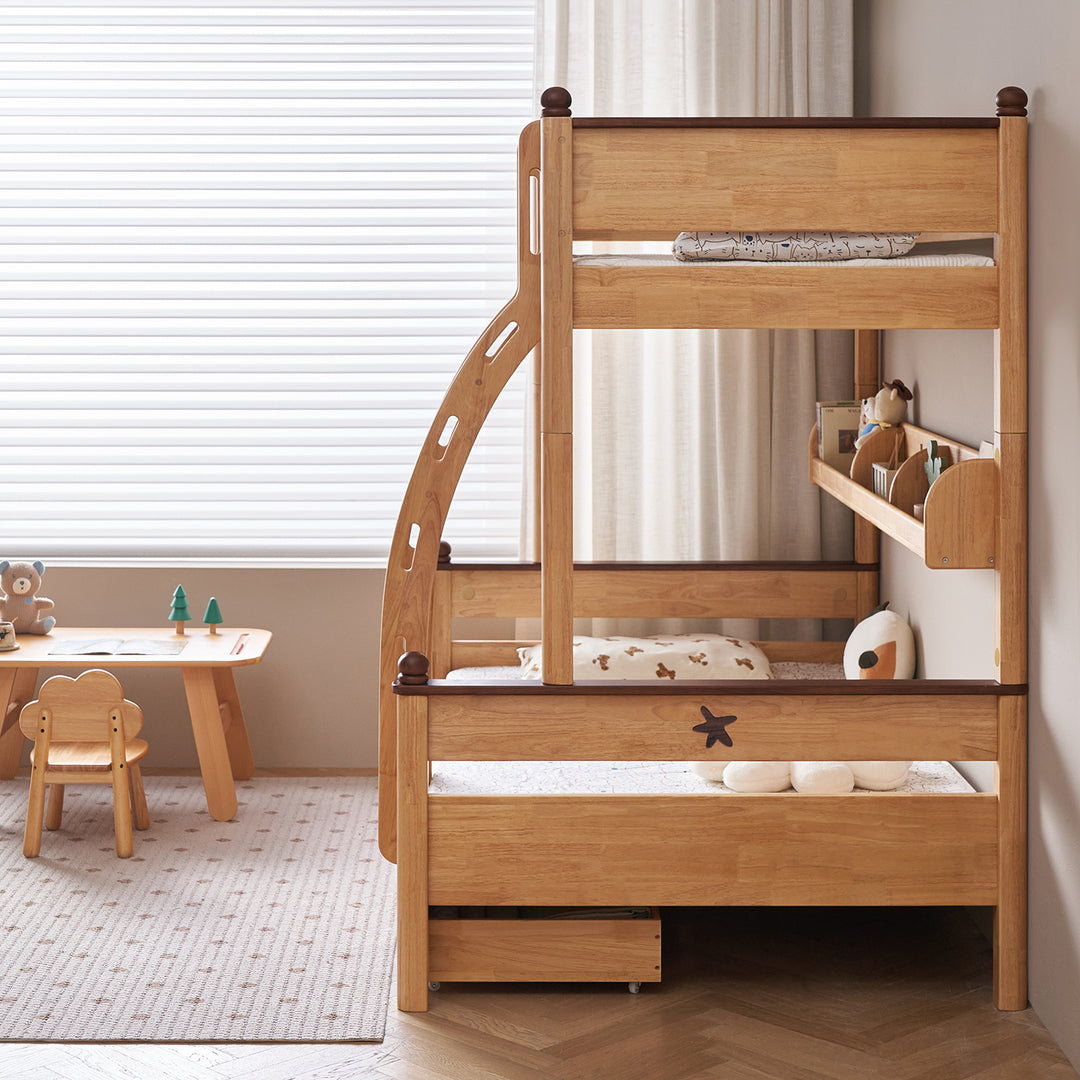 Scandinavian rubber wood kids bunk bed with bottom drawers and wall shelf little bear size charts.