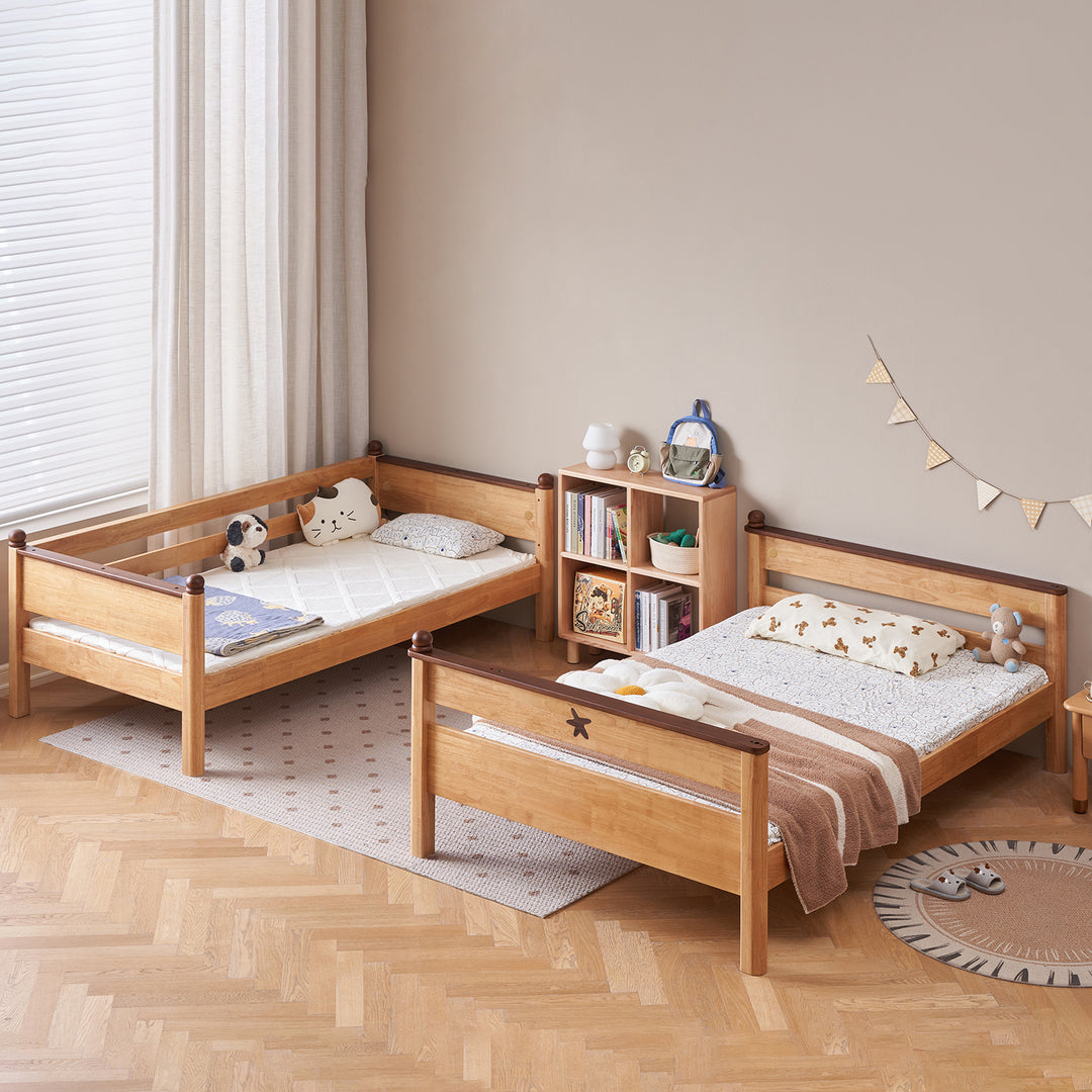 Scandinavian rubber wood kids bunk bed with bottom drawers and wall shelf little bear color swatches.