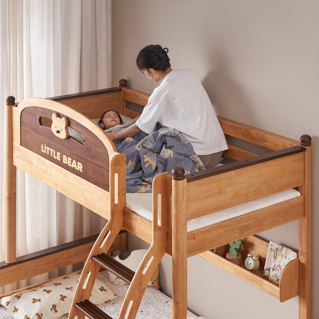 Scandinavian rubber wood kids bunk bed with bottom drawers and wall shelf little bear material variants.