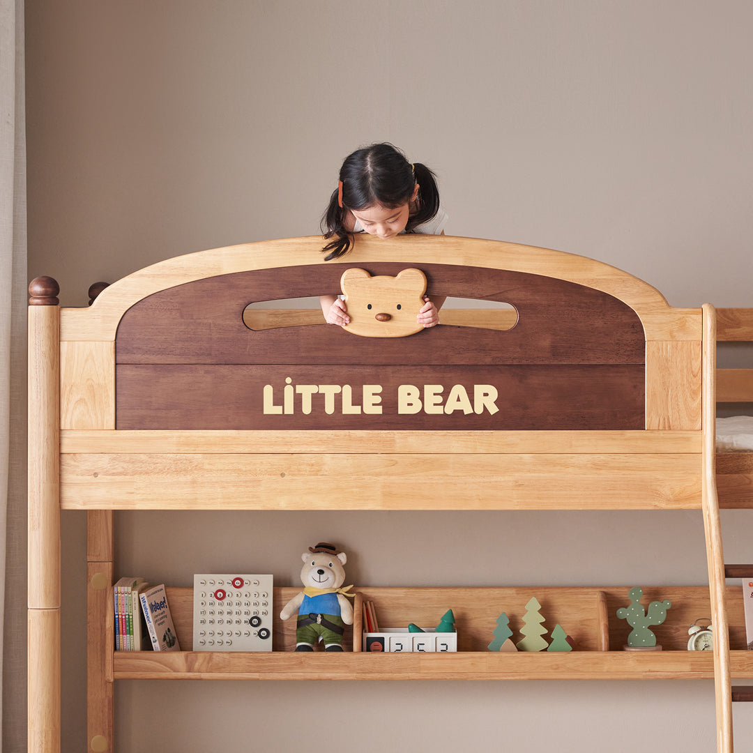 Scandinavian rubber wood kids bunk bed with bottom drawers and wall shelf little bear in real life style.