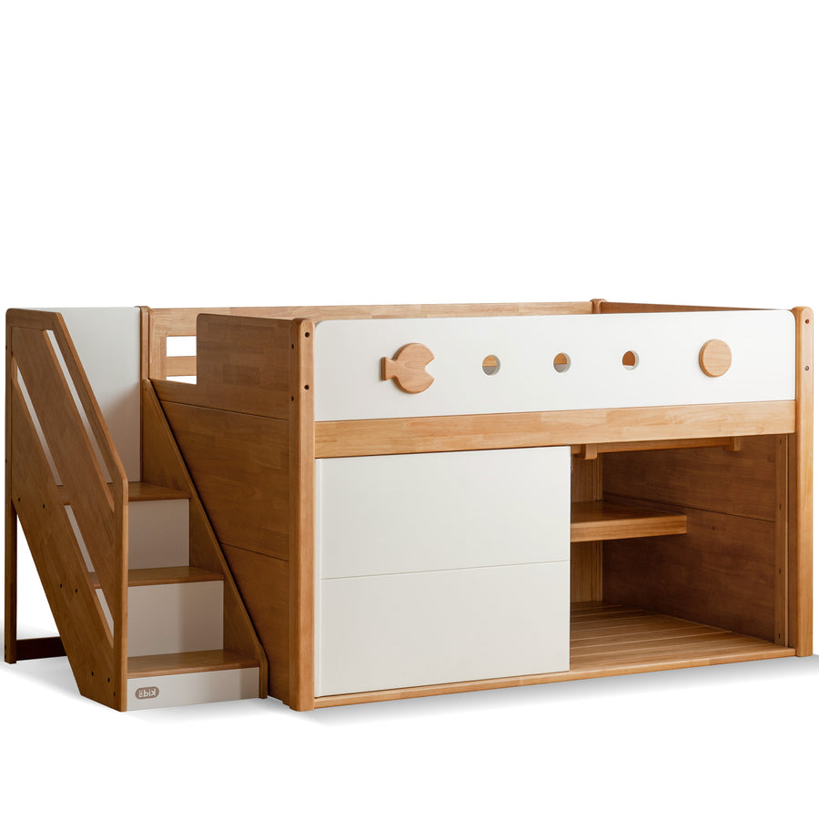 Scandinavian rubber wood kids storage bed lunor in white background.