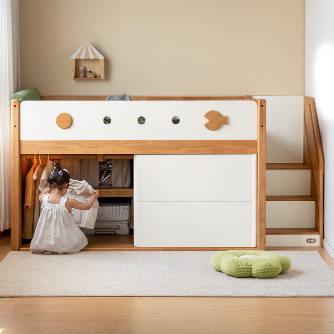 Scandinavian rubber wood kids storage bed lunor material variants.