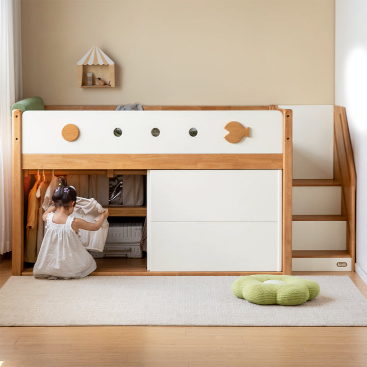 Scandinavian rubber wood kids storage bed lunor material variants.