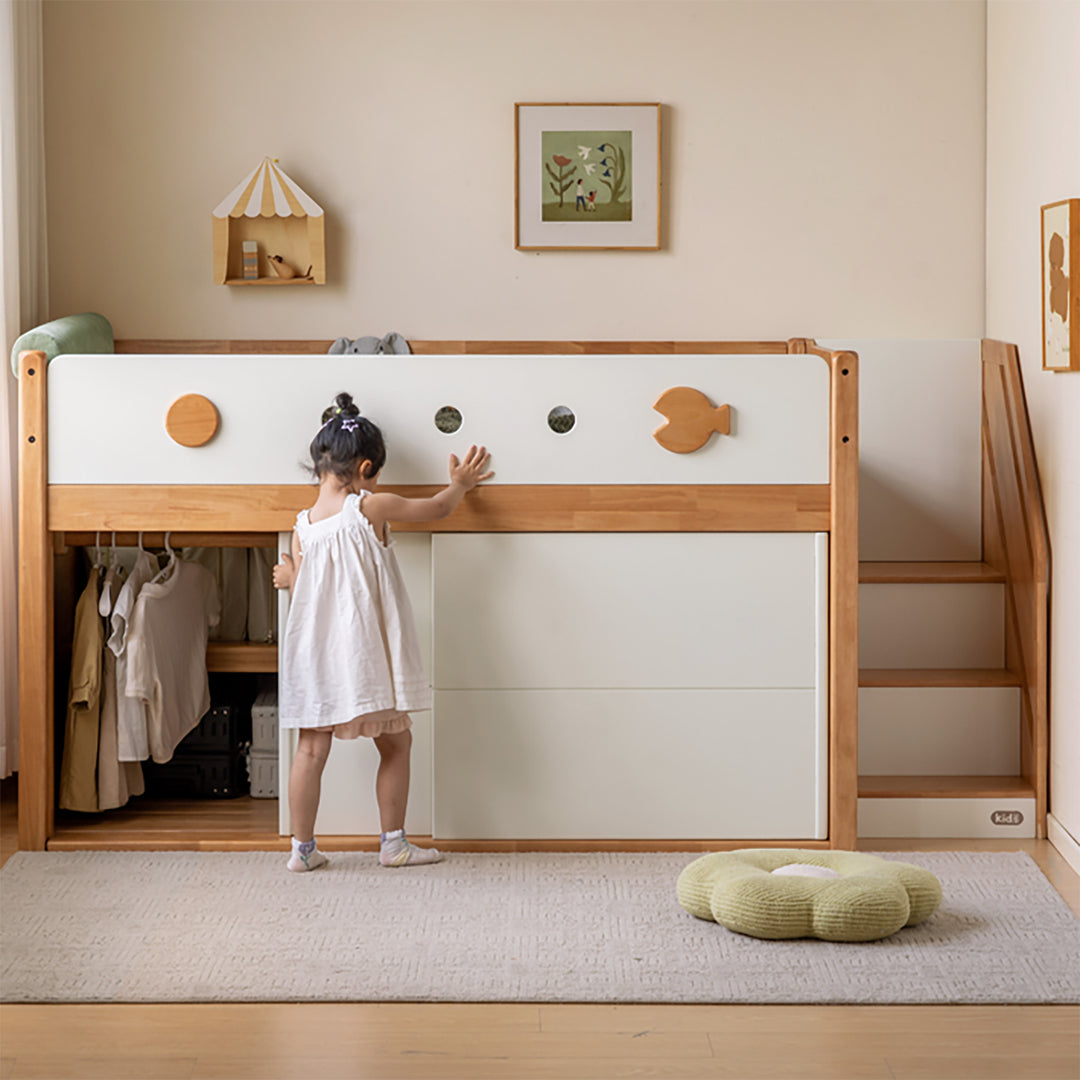 Scandinavian rubber wood kids storage bed lunor in real life style.