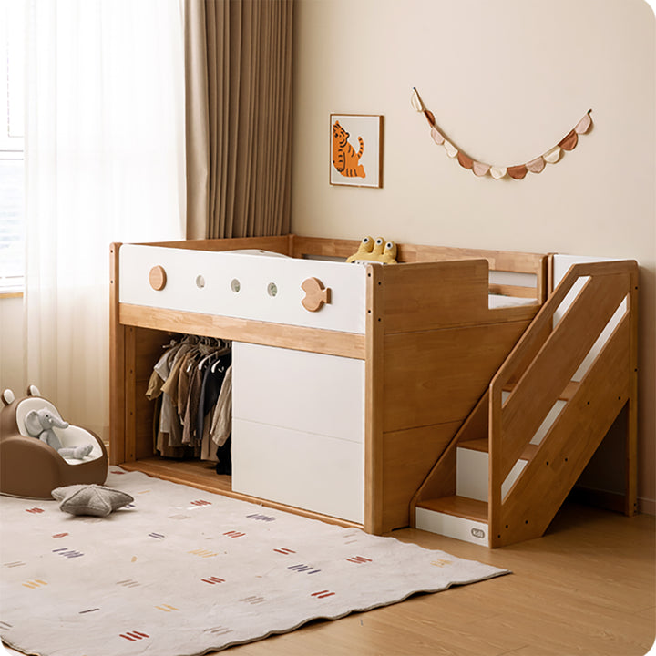 Scandinavian rubber wood kids storage bed lunor with context.