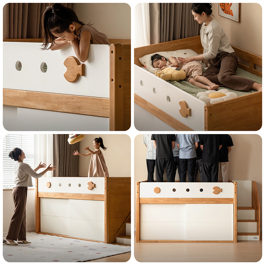 Scandinavian rubber wood kids storage bed lunor in close up details.