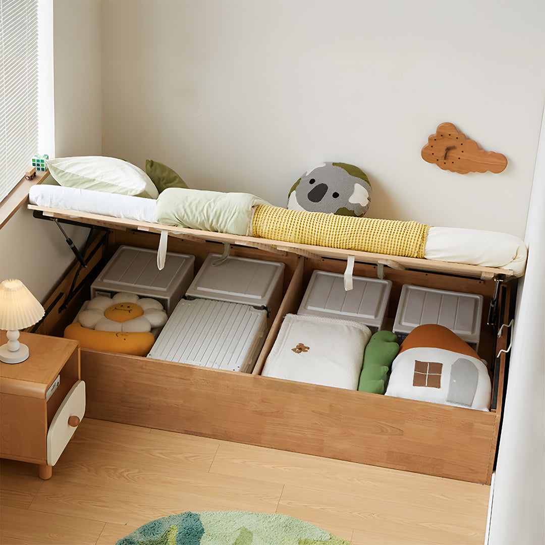 Scandinavian rubber wood kids storage bed mireo in still life.