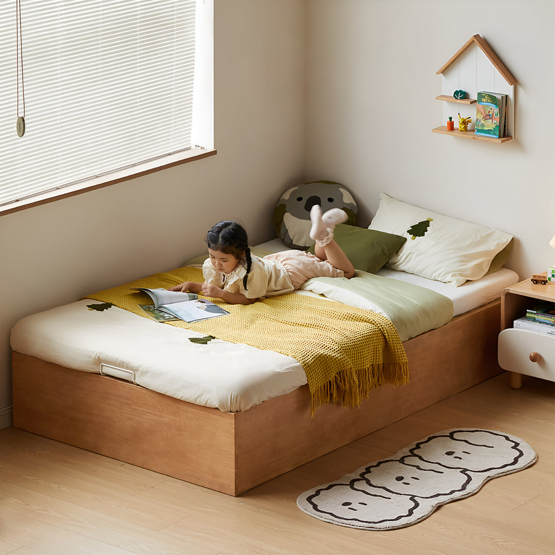 Scandinavian rubber wood kids storage bed mireo material variants.