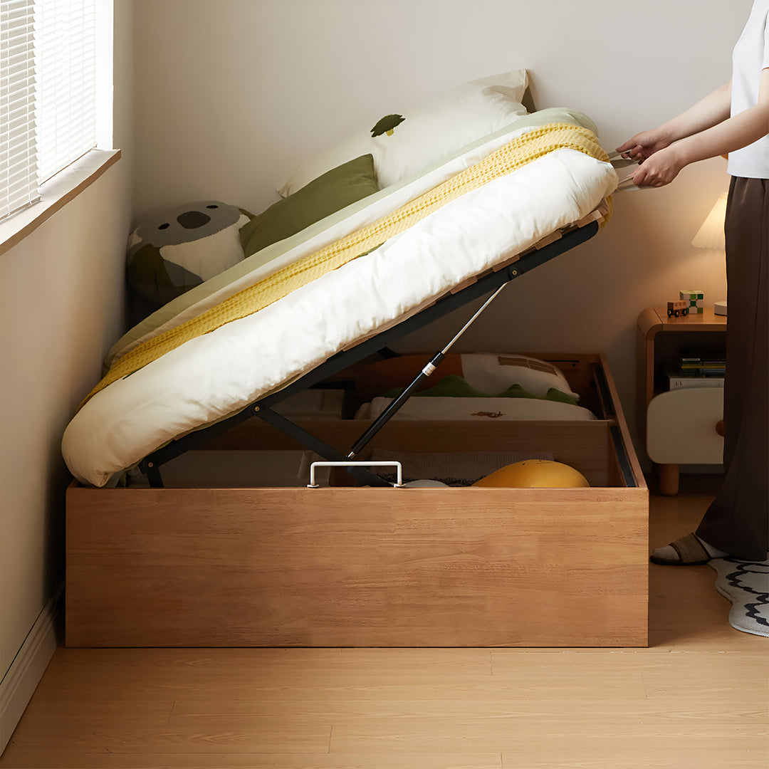 Scandinavian rubber wood kids storage bed mireo in real life style.