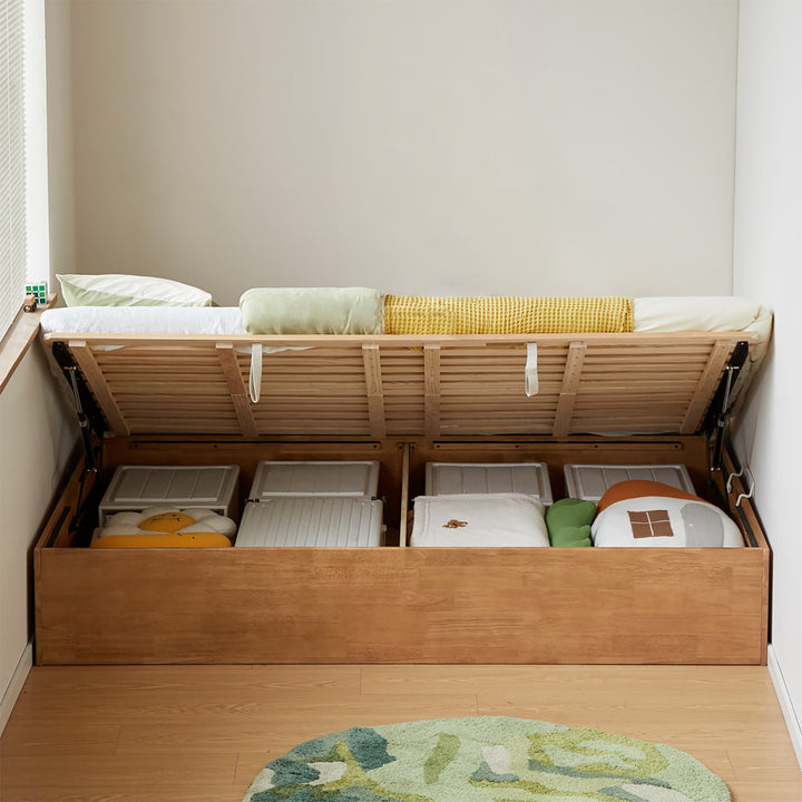Scandinavian rubber wood kids storage bed mireo in close up details.