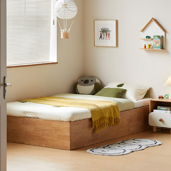 Scandinavian rubber wood kids storage bed mireo in panoramic view.