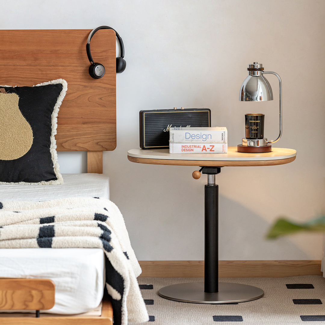 Scandinavian sintered stone height adjustable side table roman in close up details.