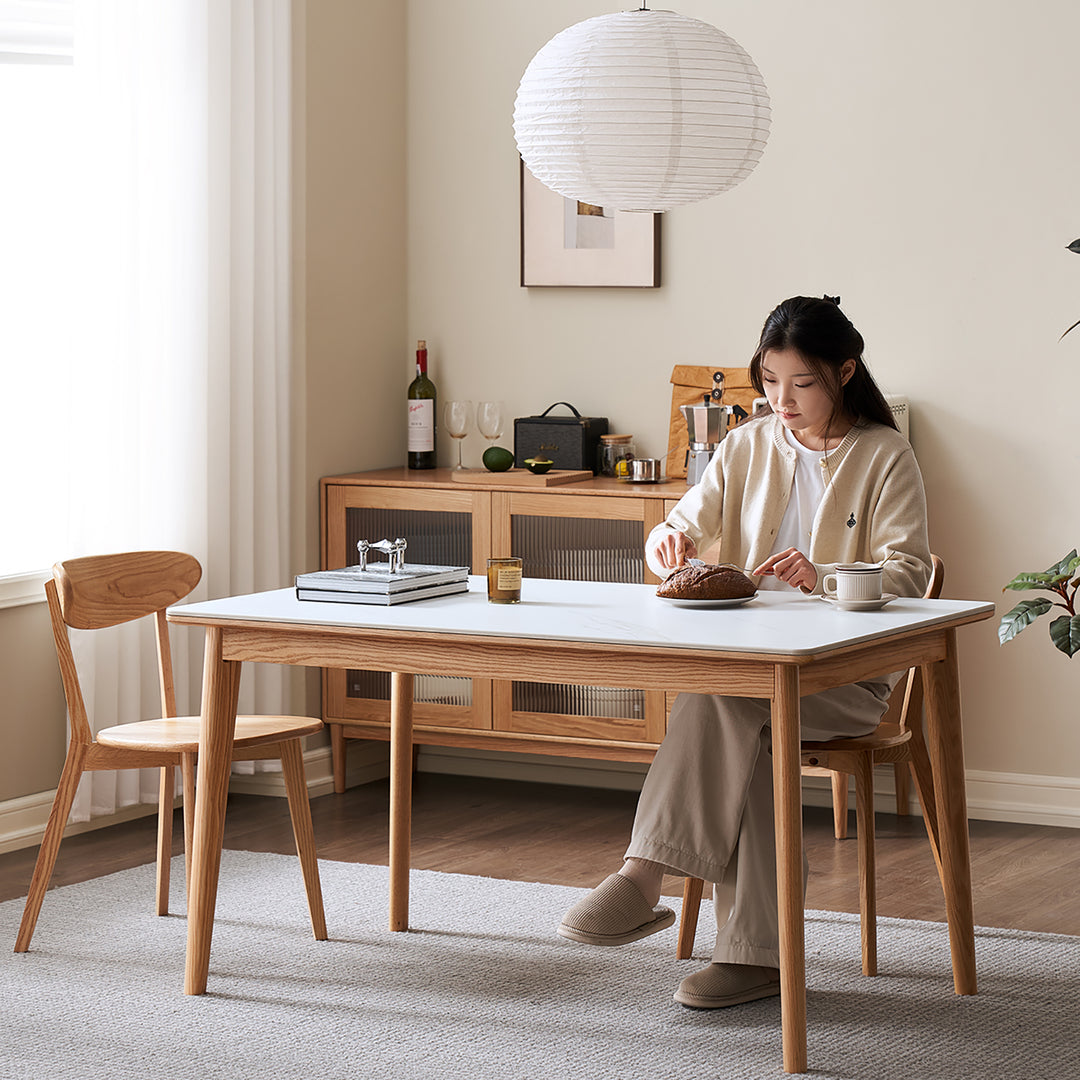 Scandinavian sintered stone oak wood dining table jaden primary product view.