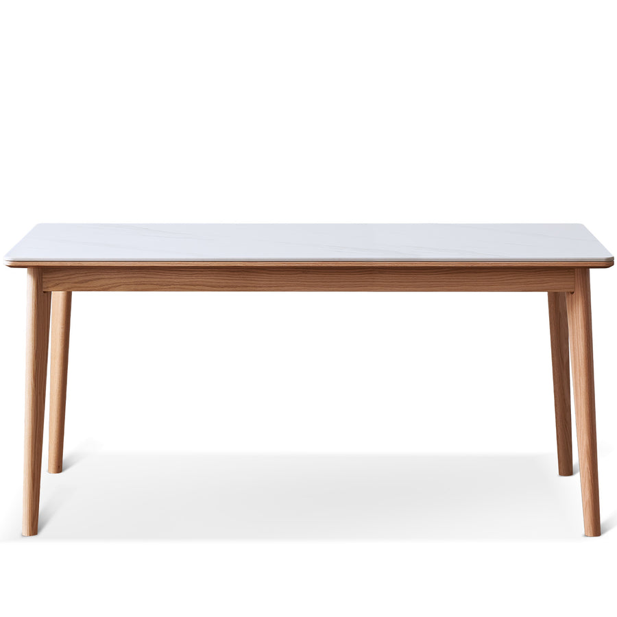 Scandinavian sintered stone oak wood dining table jaden in white background.
