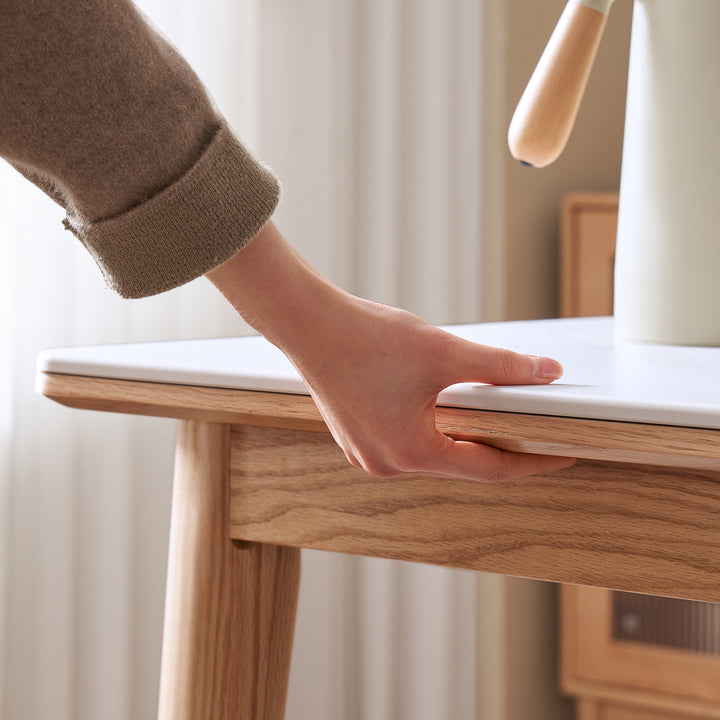 Scandinavian sintered stone oak wood dining table jaden in panoramic view.