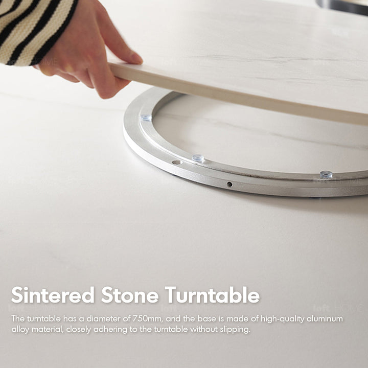 Scandinavian sintered stone round dining table belly in details.