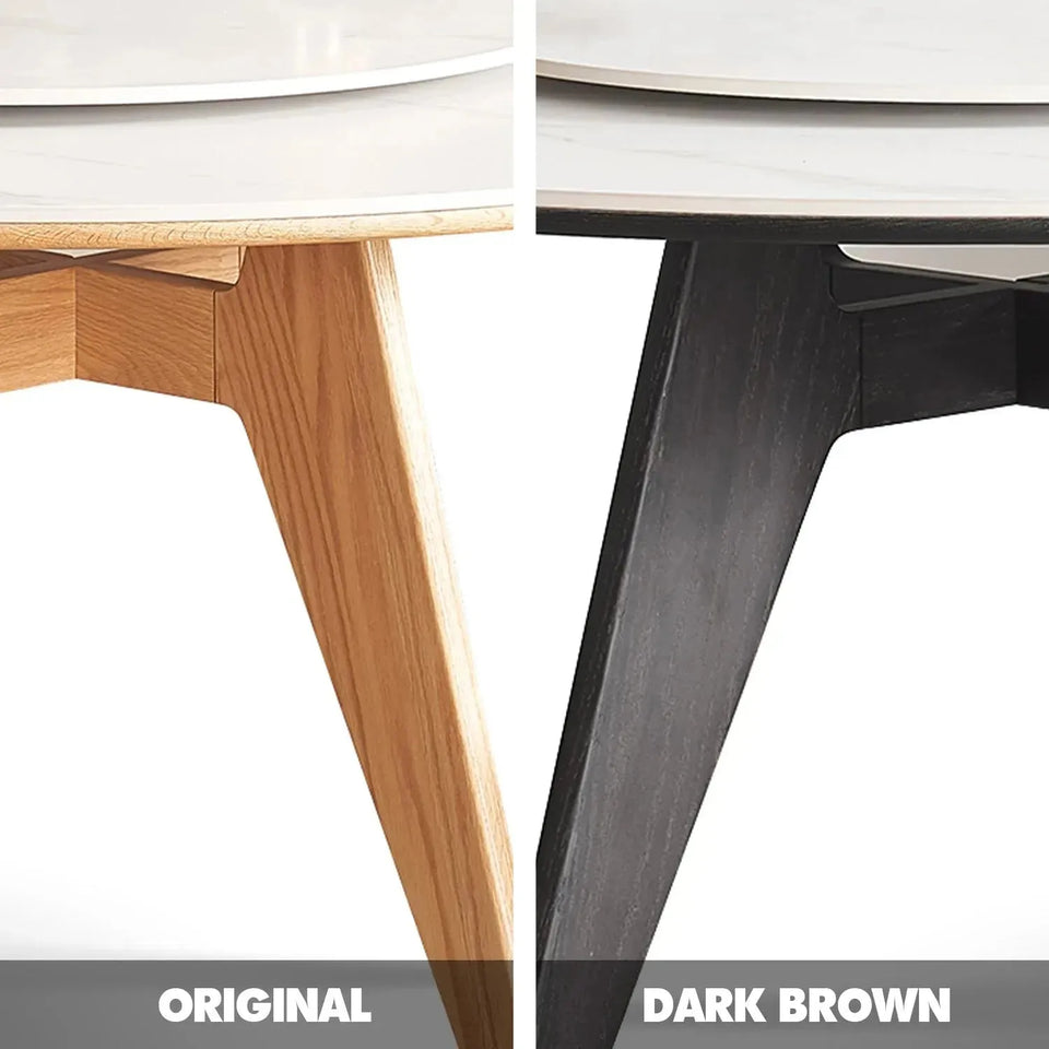 Scandinavian sintered stone round dining table belly color swatches.