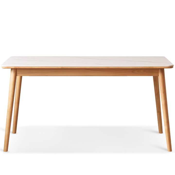 Scandinavian sintered stone rubber wood dining table rowan in white background.