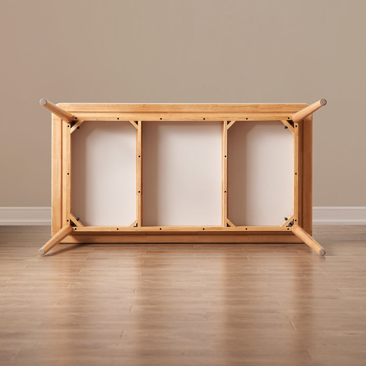 Scandinavian sintered stone rubber wood dining table rowan in panoramic view.