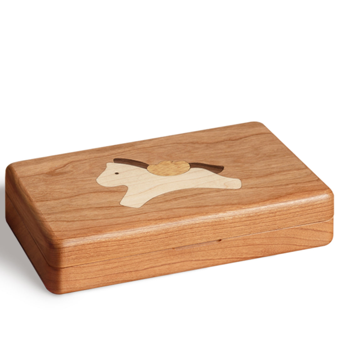 Scandinavian solid wood jewelry box keepsa in white background.