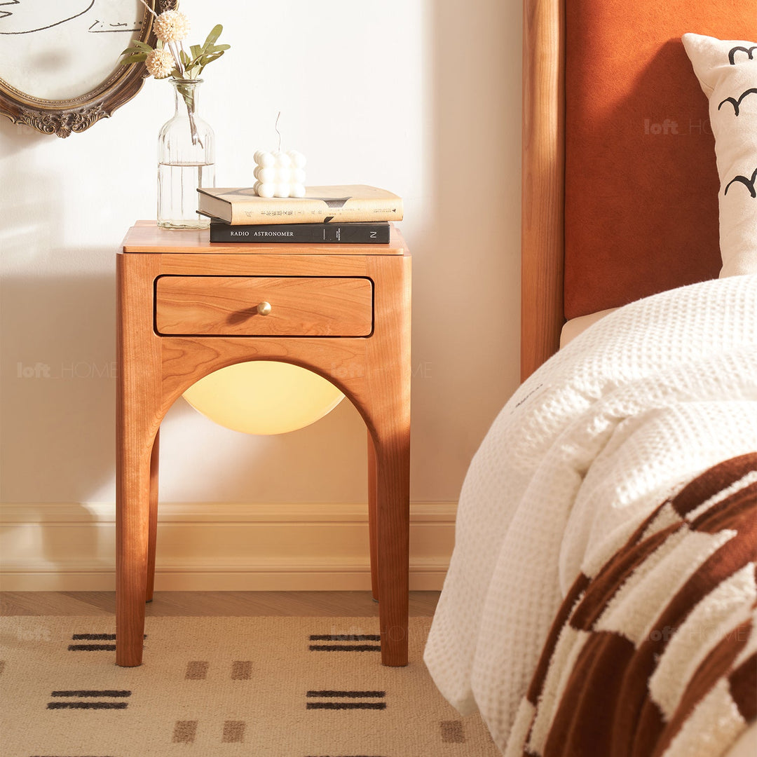Scandinavian wood bed side table arche situational feels.