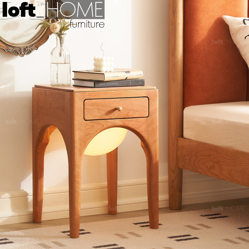 Scandinavian wood bed side table arche primary product view.