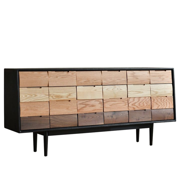 Scandinavian wood cabinet wabi sabi layered structure.