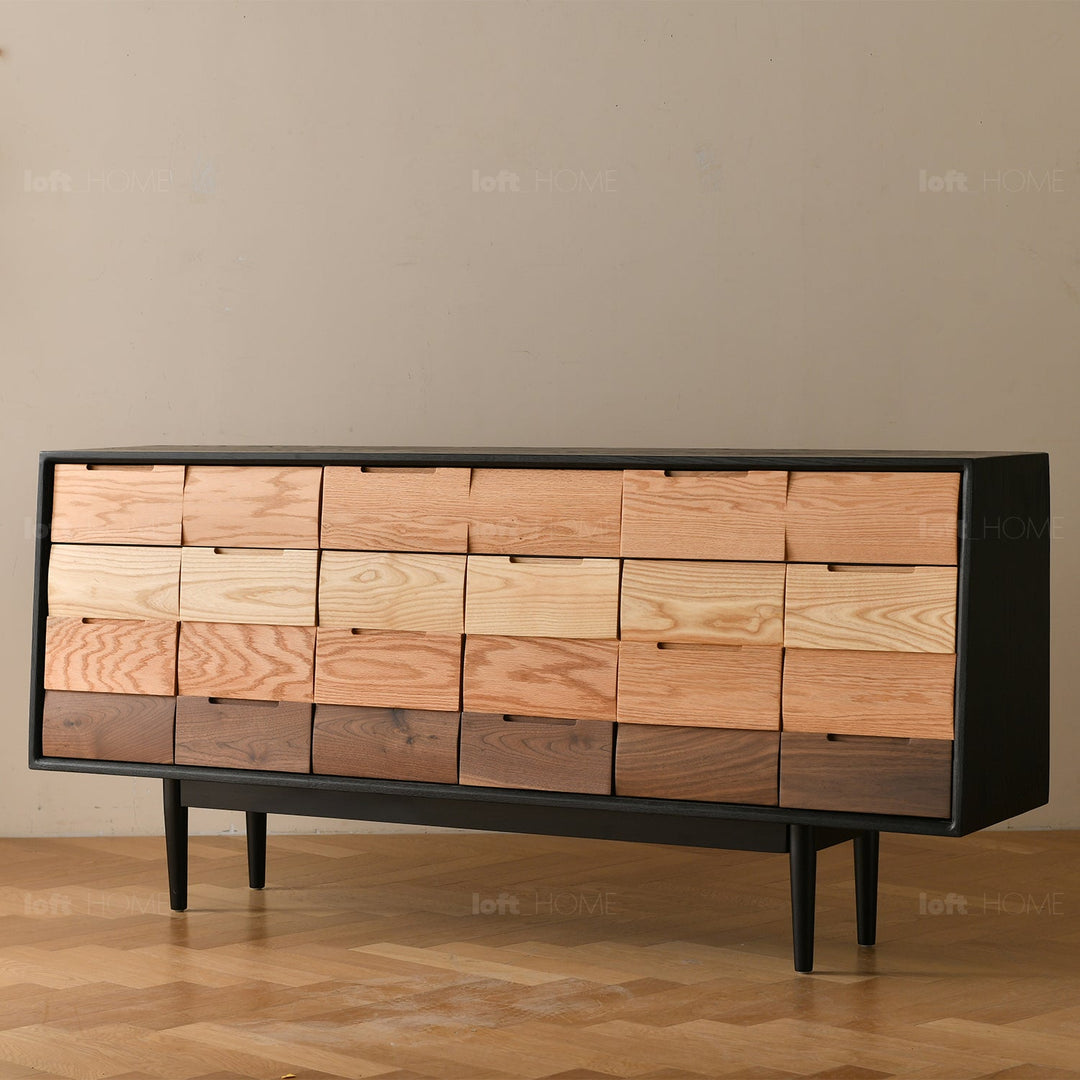 Scandinavian wood cabinet wabi sabi in real life style.