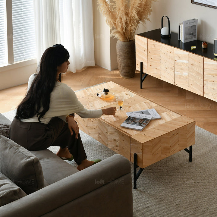 Scandinavian wood coffee table chevron in real life style.