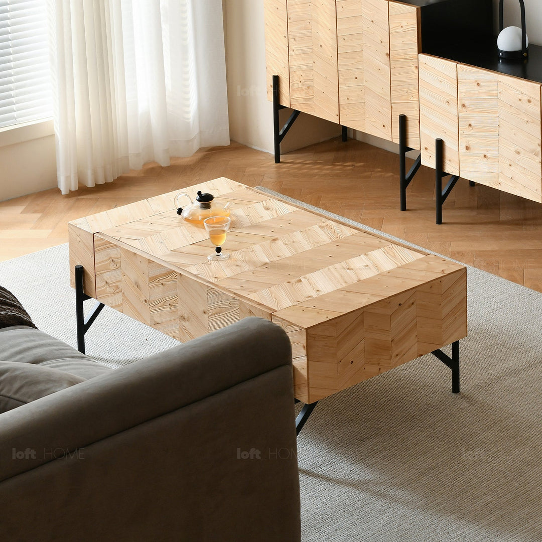Scandinavian wood coffee table chevron in details.