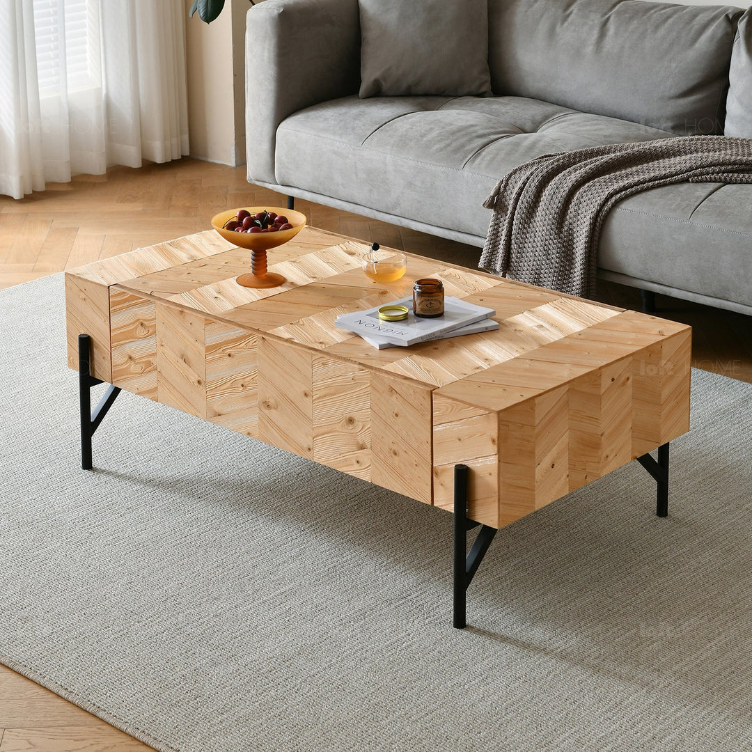 Scandinavian wood coffee table chevron in panoramic view.