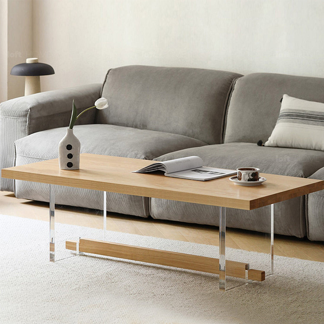 Scandinavian wood coffee table float in real life style.