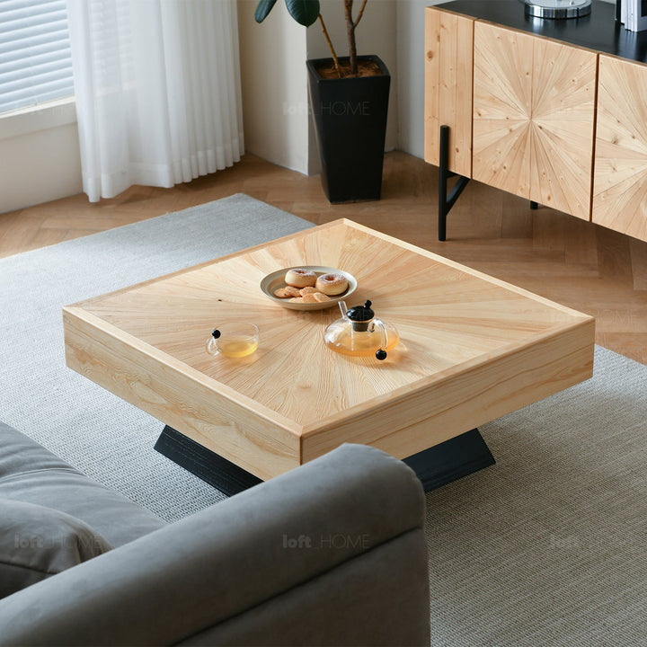 Scandinavian wood coffee table radial material variants.
