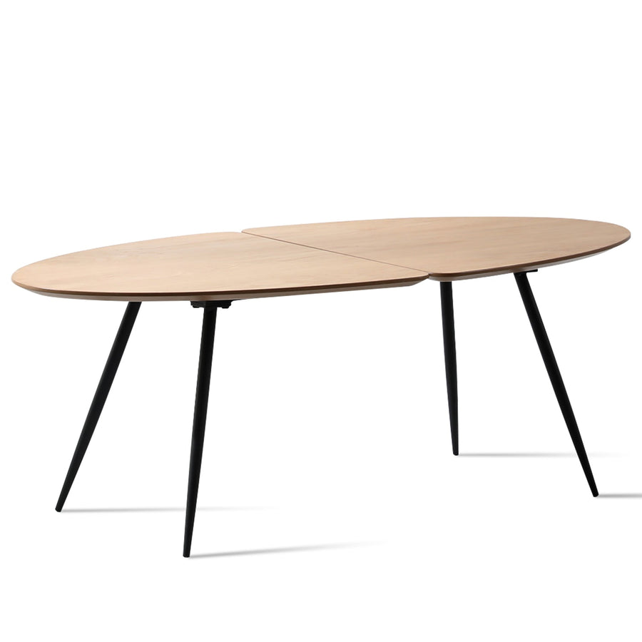 Scandinavian wood coffee table valboard oval in white background.