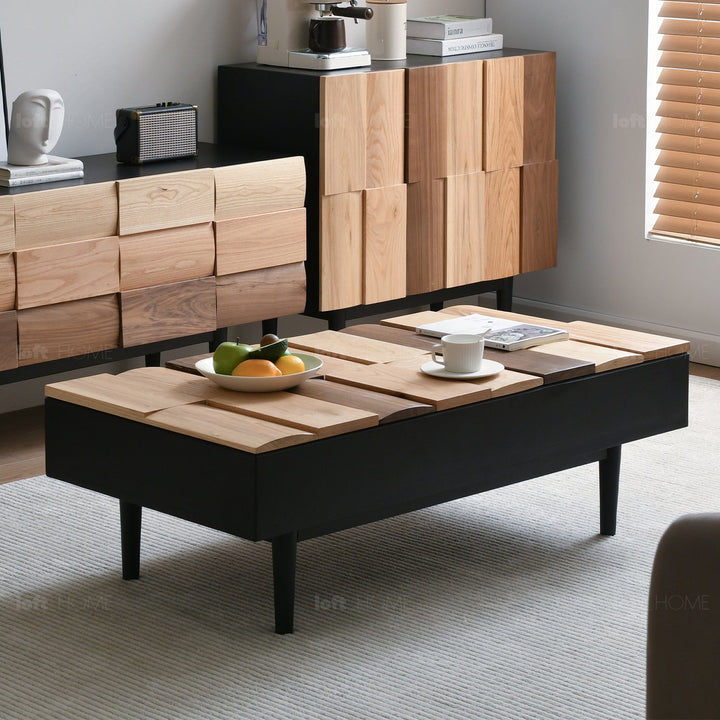 Scandinavian wood coffee table variation with context.
