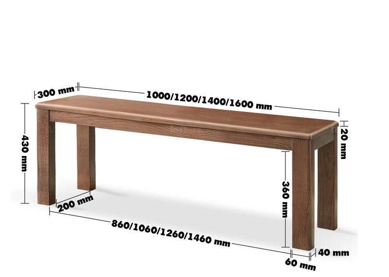Japandi Wood Dining Bench AXEL Size Chart